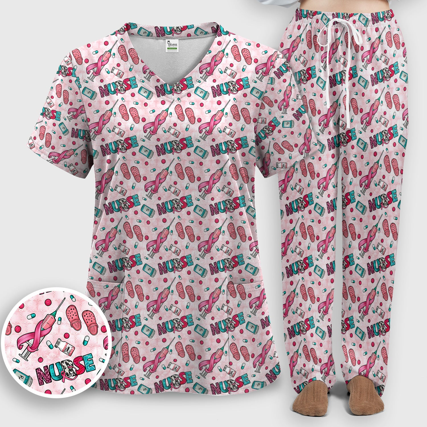 Pink Ribbon with Recovery Print Scrub Set, Scrub Pants and V Neck Top