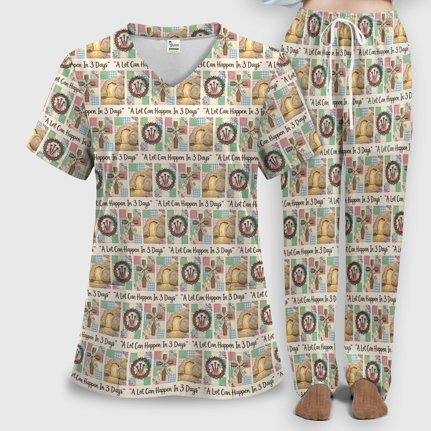Christian Easter Cross Print Scrub Set, Scrub Pants and V Neck Top