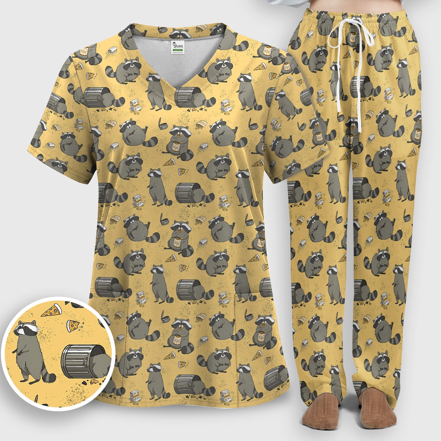 Raccoon Snack And Trash Can Pattern Scrub Set, Breathable Med Uniform