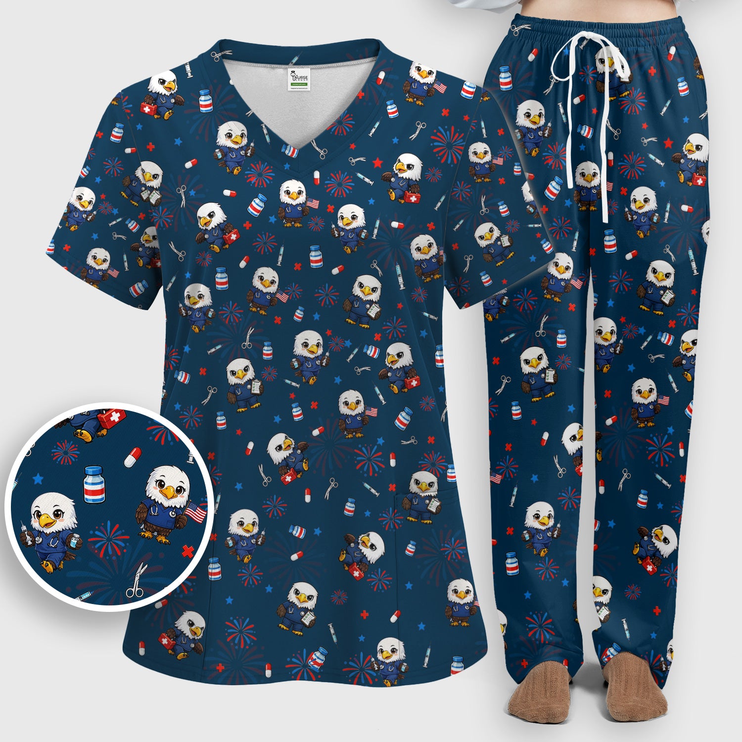 Patriotic Nurse Eagle Fireworks Medical Pattern Scrub Set, Women's Scrub Sets
