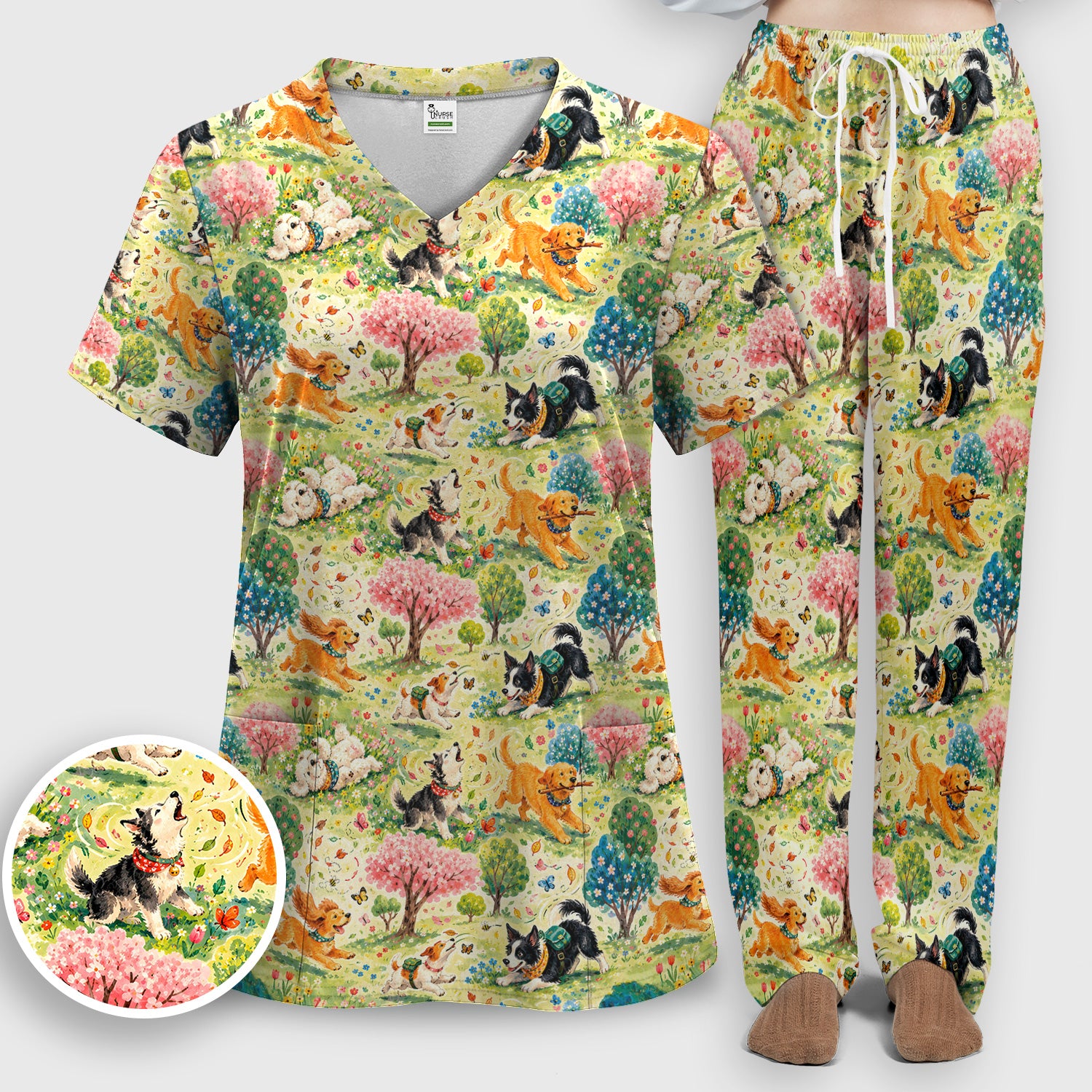 Playful Spring Garden Dogs Pattern Scrub Set, Scrub Pants and V Neck Top