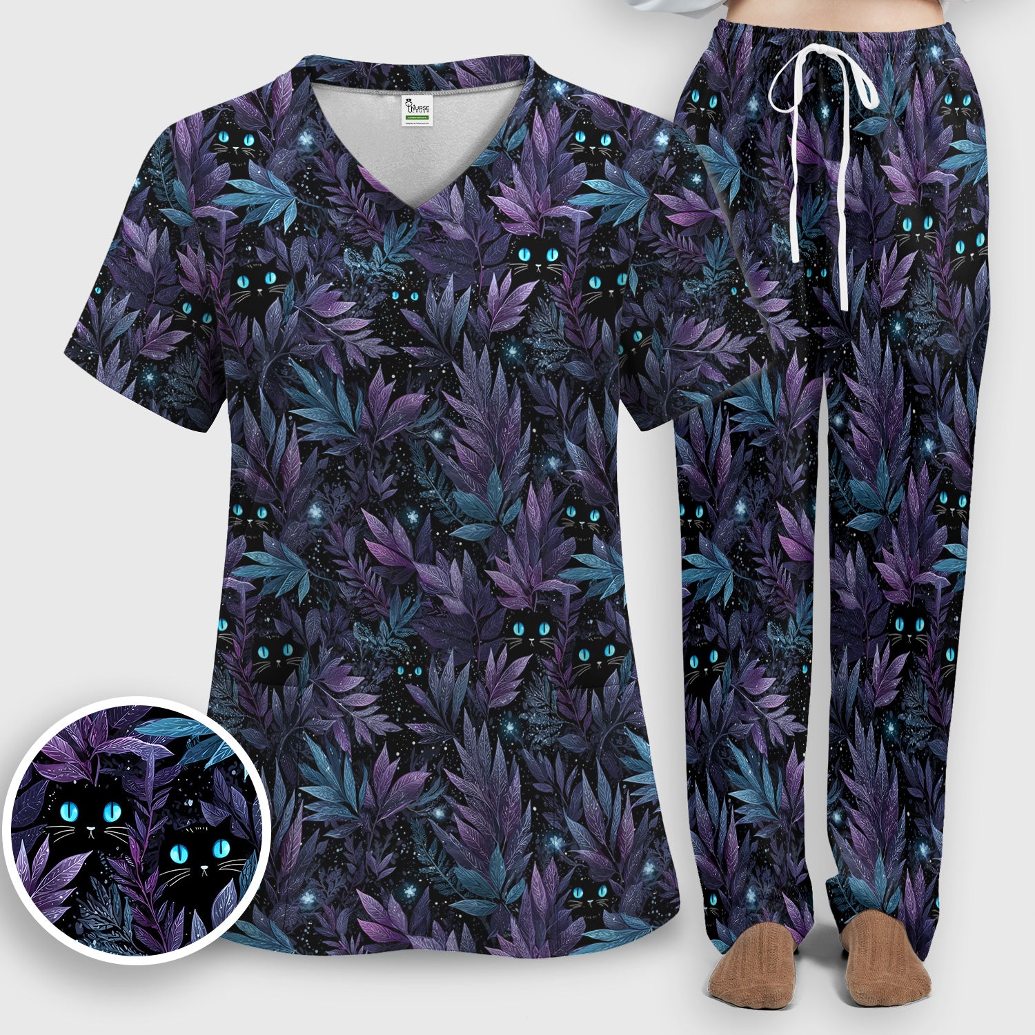 Mystic Black Cat Veterinary Pattern Scrub Set, Scrub Pants and V Neck Top