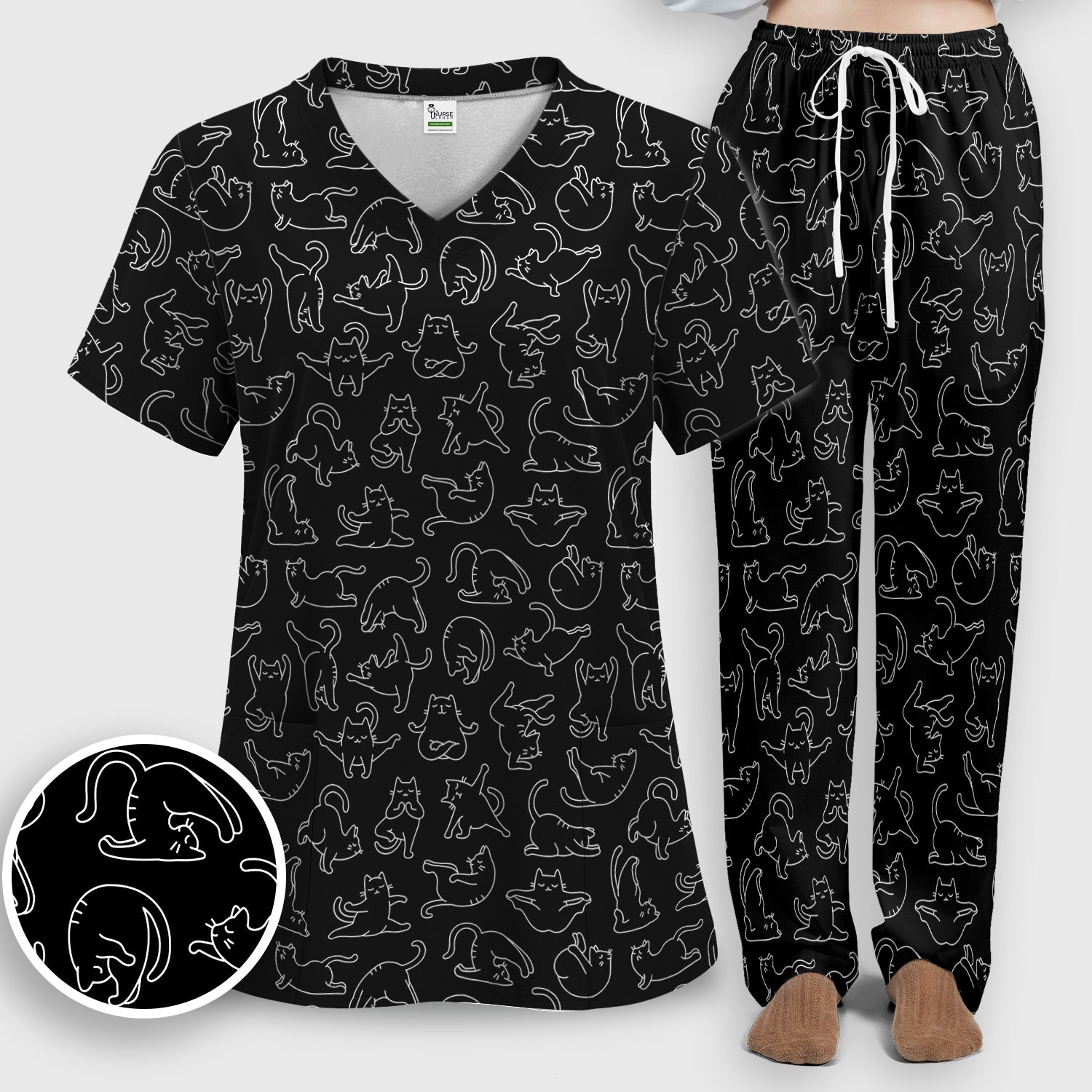 Cute Cat Outline Playing Pattern Scrub Set, Scrub Pants and V Neck Top