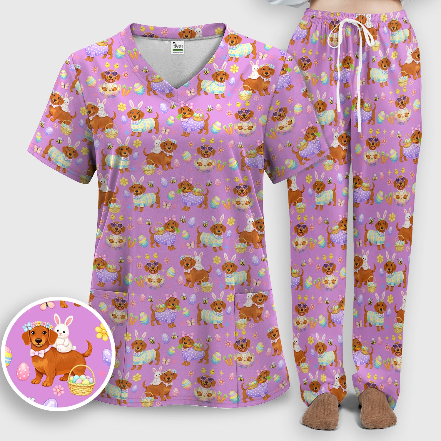 Cute Easter Dachshund Dog Pattern Scrub Set, Scrub Pants and V Neck Top