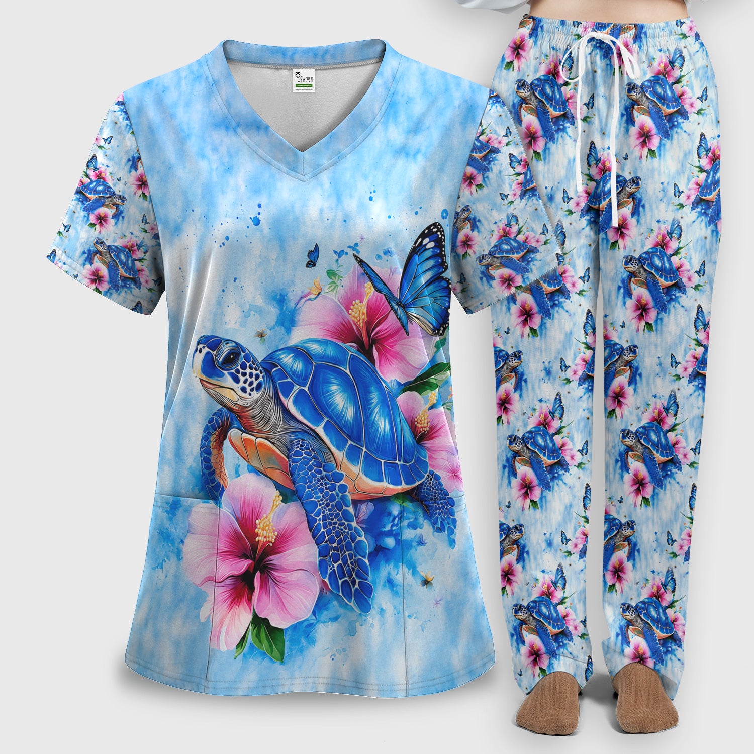 Blue Sea Turtle Hibiscus Butterfly Print Scrub Set, Scrub Pants and V Neck Top