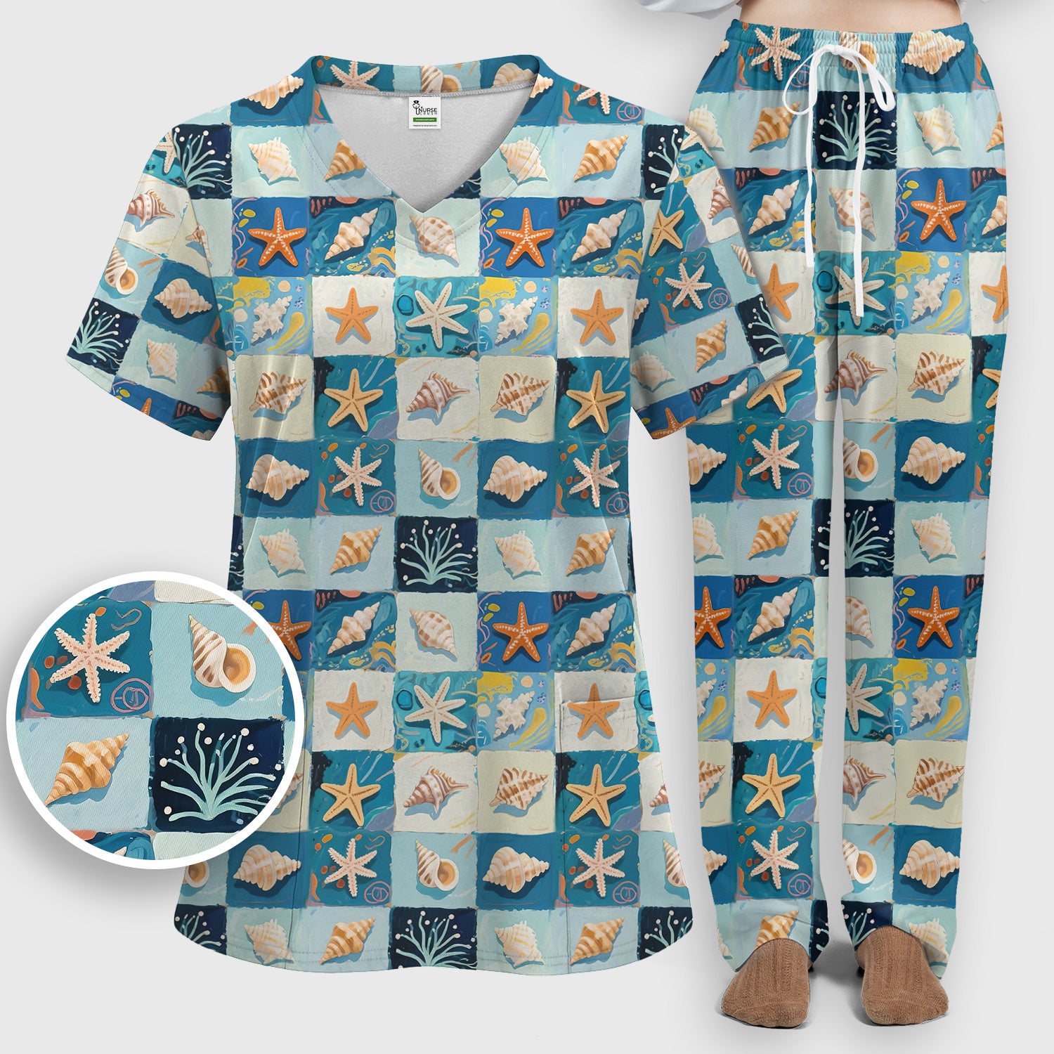Cute Seashell Starfish Ocean Tile Pattern Scrub Set, Scrub Pants and V Neck Top