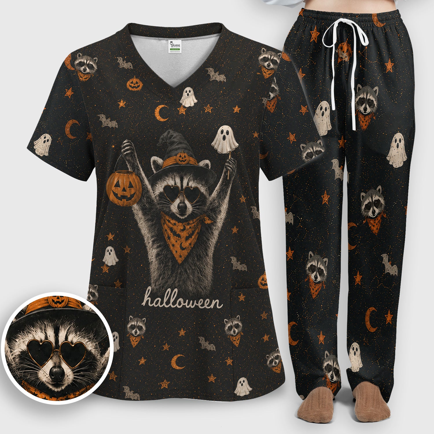 Ghost Pumpkin Raccoon Pattern Scrub Set, Scrub Pants and V Neck Top