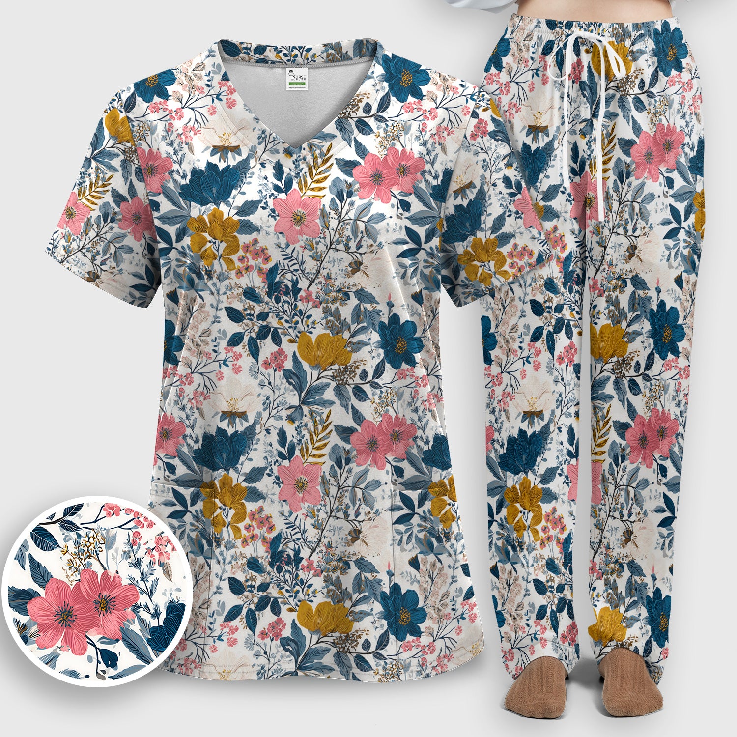 Elegant Floral Garden Bloom Pattern Scrub Set, Scrub Pants and V Neck Top