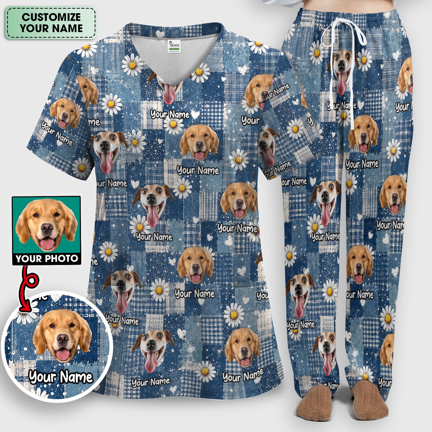 Personalized Cute Dog Portrait On Blue Patchwork Daisy Pattern Scrub Set, Scrub Pants and V Neck Top