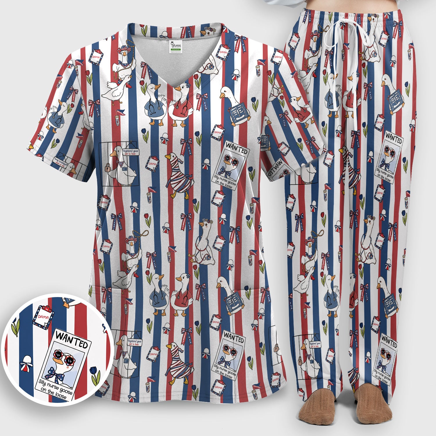 Funny Patriotic Goose Nurse Pattern Scrub Set, Scrub Pants and V Neck Top