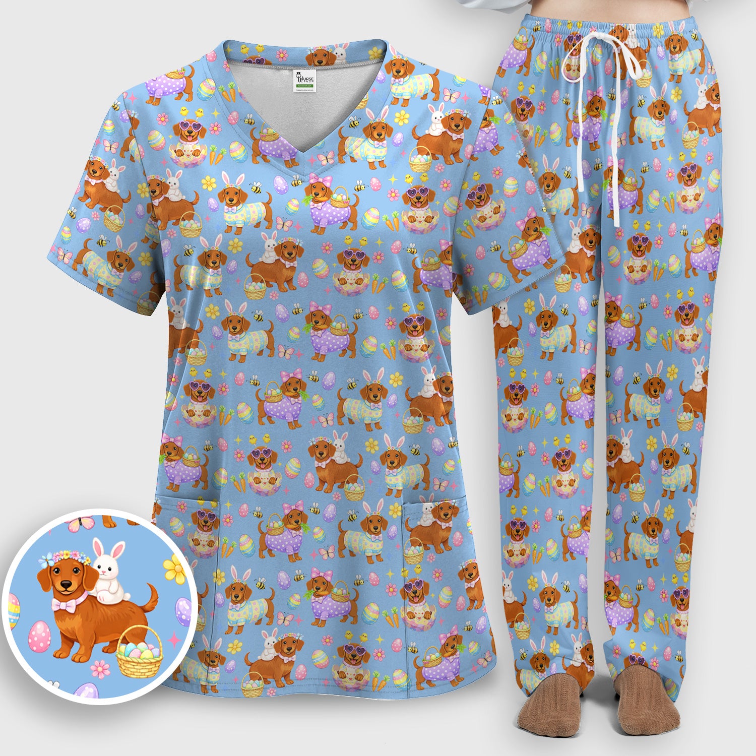 Cute Easter Dachshund Dog Pattern Scrub Set, Scrub Pants and V Neck Top