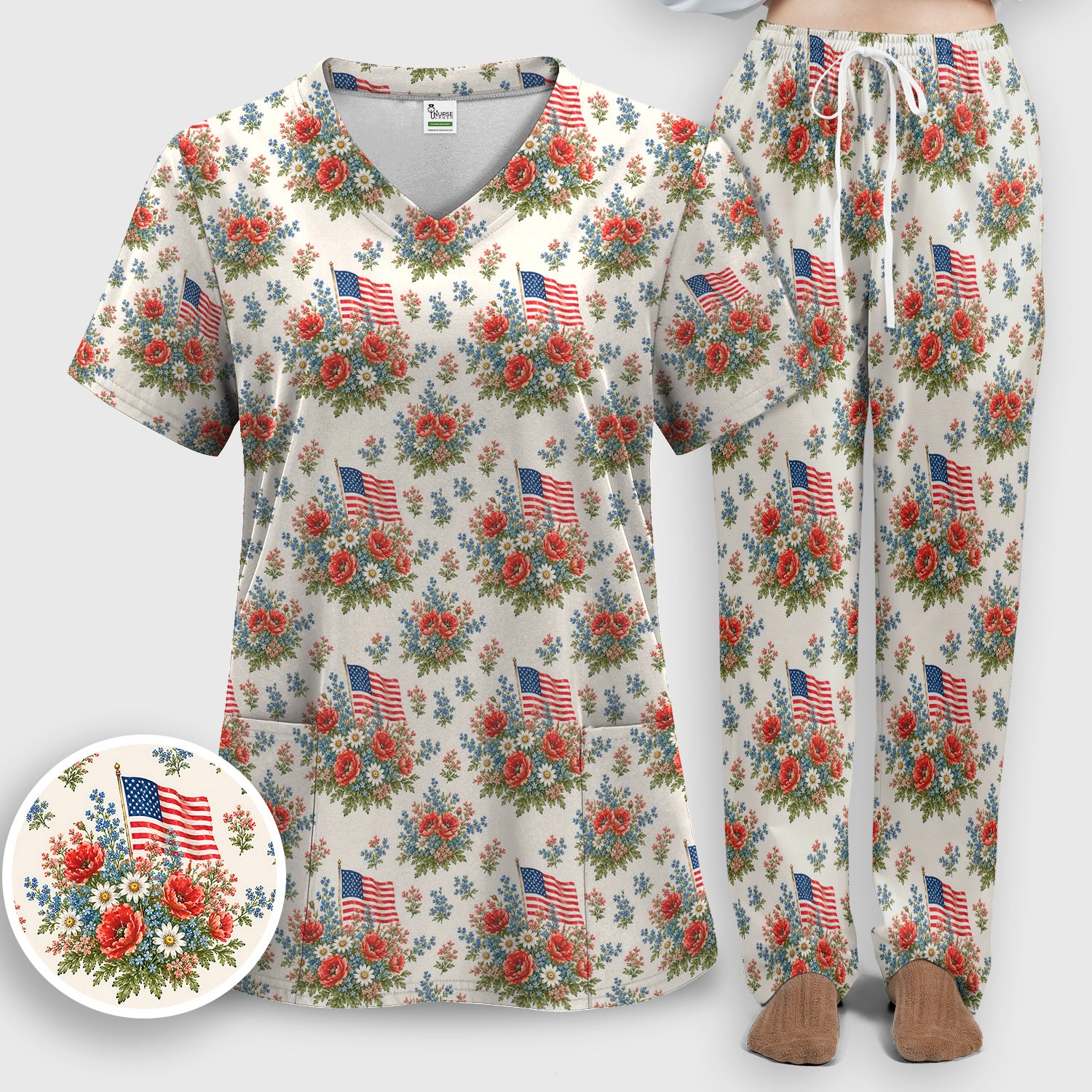 Patriotic Floral With USA Flag Pattern Scrub Set, Scrub Pants and V Neck Top