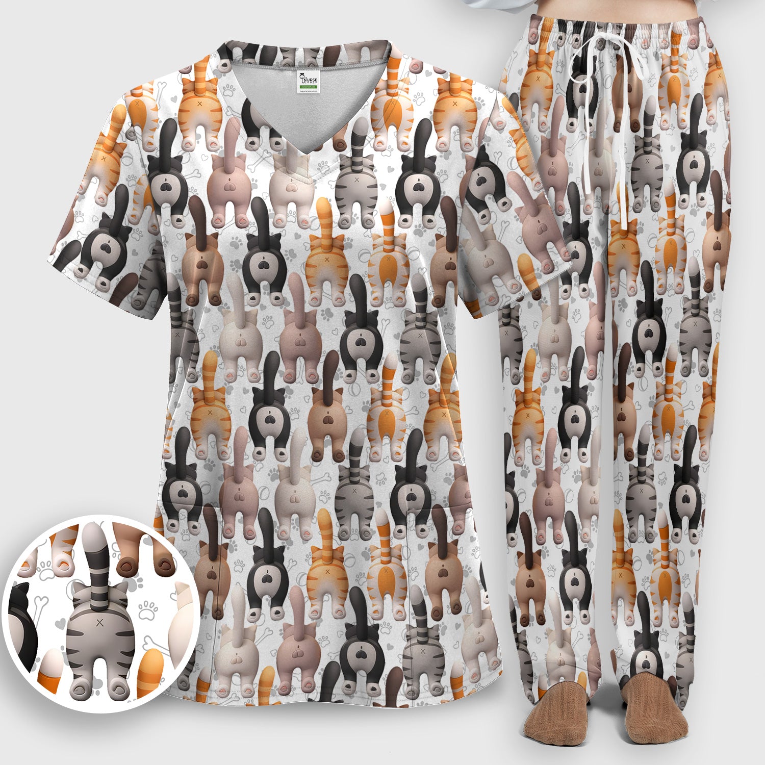 Funny Cat Butt Paw Print Pattern Scrub Set, Nurse Uniform Scrubs Set