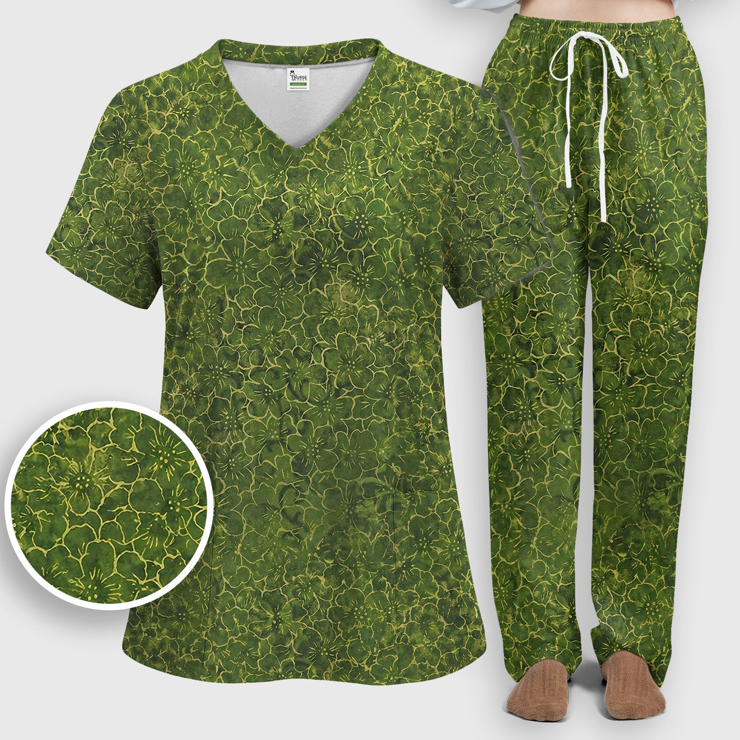 Green Floral Blossom Pattern Scrub Set, Scrub Pants and V Neck Top