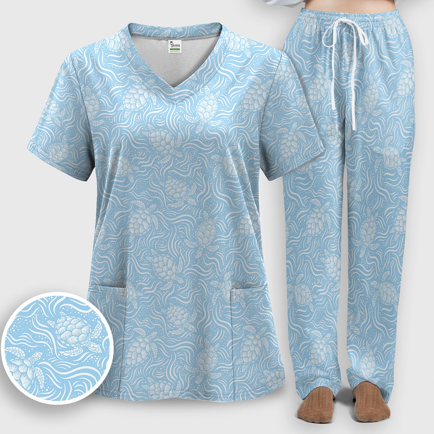 Cute Ocean Sea Turtle Waves Pattern Scrub Set, Scrub Pants and V Neck Top
