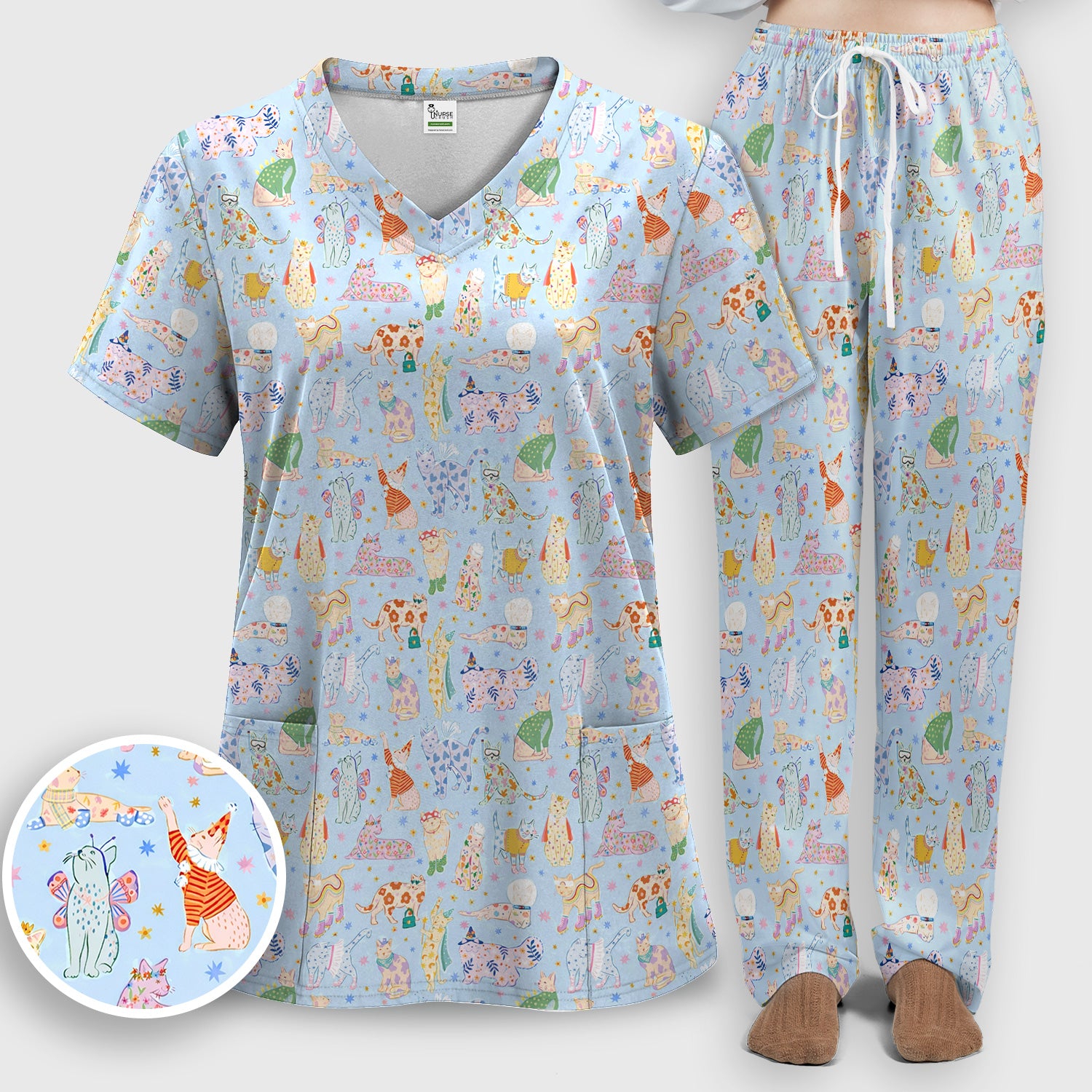 Cute Colorful Cats Pattern Scrub Set, Scrub Pants and V Neck Top