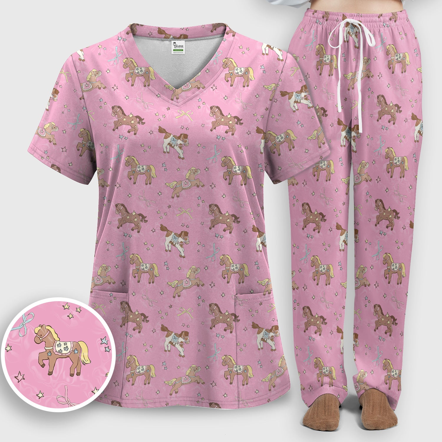 Cute Pony Star Pattern Scrub Set, Breathable Med Uniform