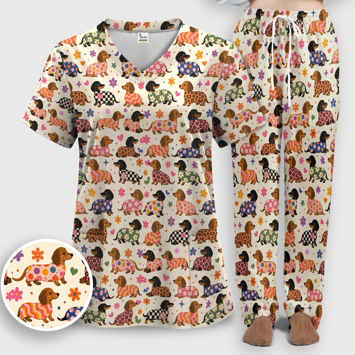 Floral Dachshund Print Scrub Set, Scrub Pants and V Neck Top