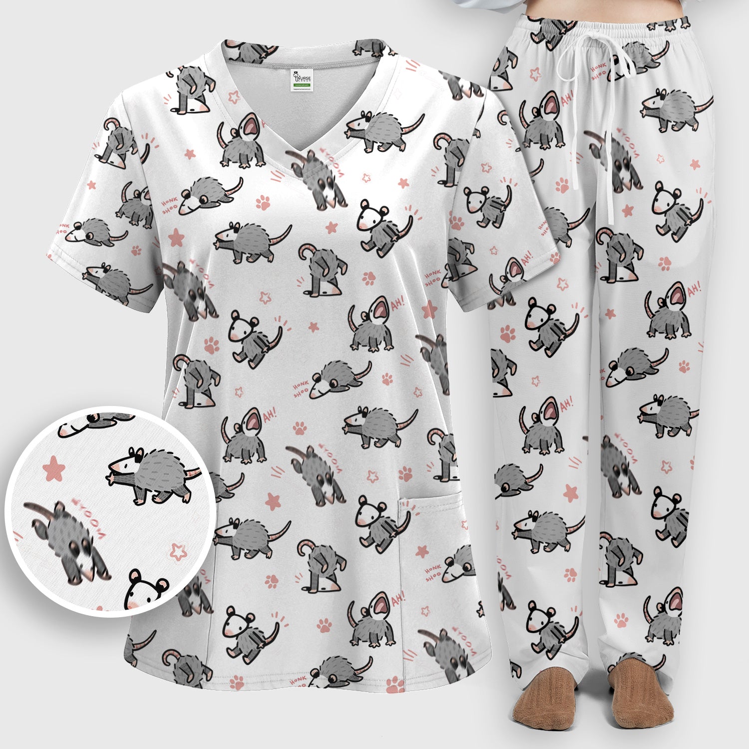 Playful Cartoon Opossum Character Pattern Scrub Set, Women's Scrub Sets