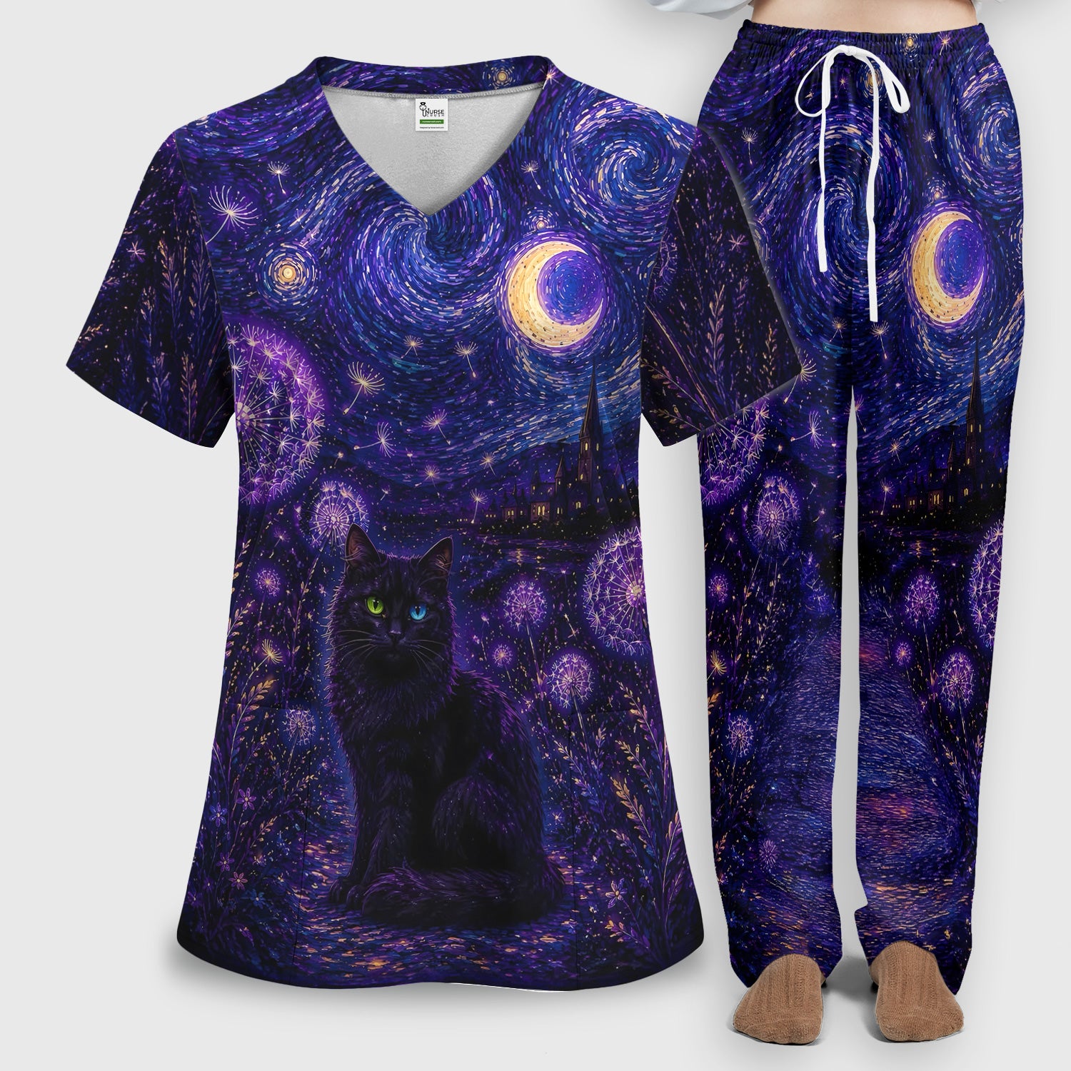 Mystical Black Cat Starry Night Print Scrub Set, Scrub Pants and V Neck Top