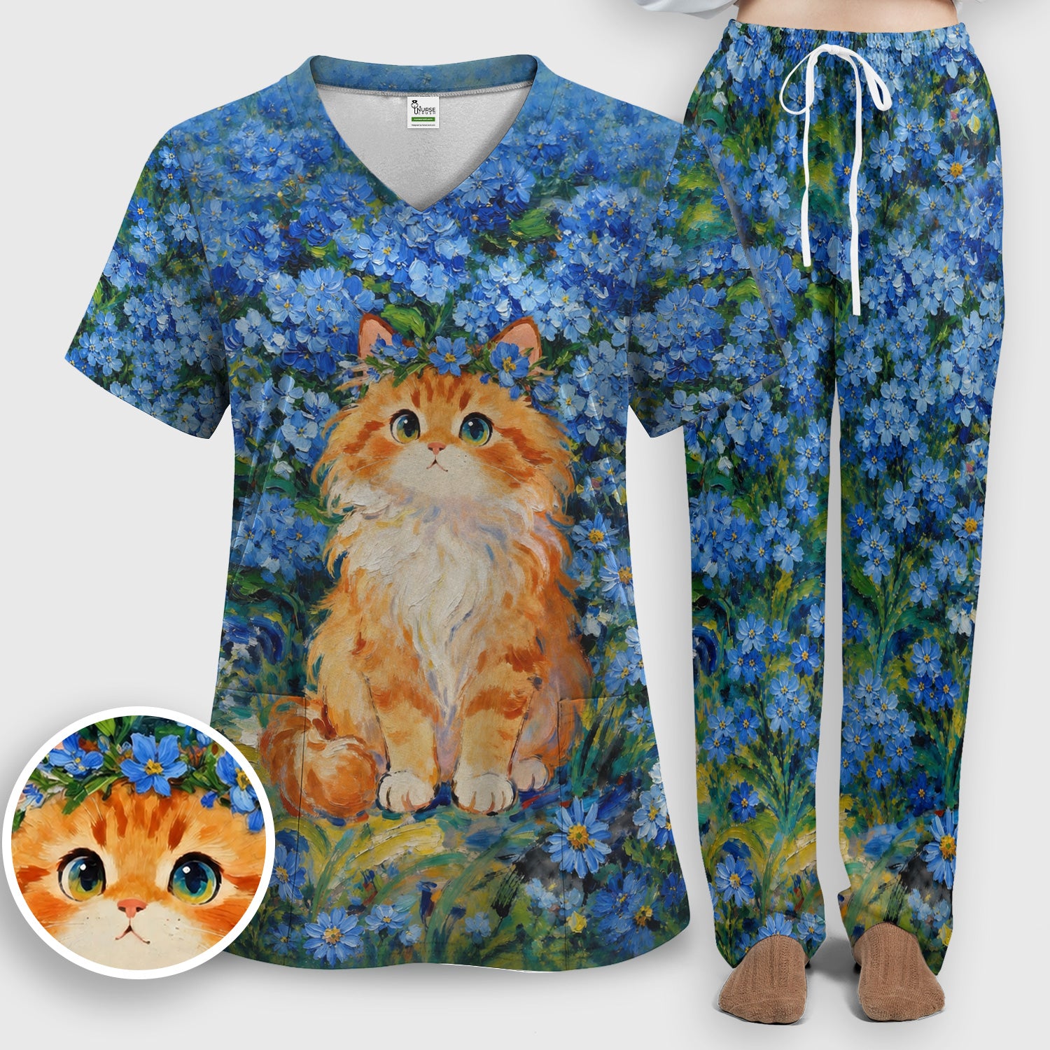 Cute Blue Floral Cat Nurse for Pediatric Nurses, RN, CNA, Pet Lover Medical Scrub Set, Scrub Pants and V Neck Top