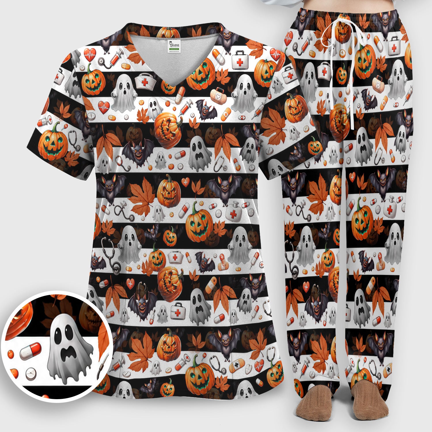 Halloween Ghost And Medical Icons Scrub Set, Scrub Pants and V Neck Top