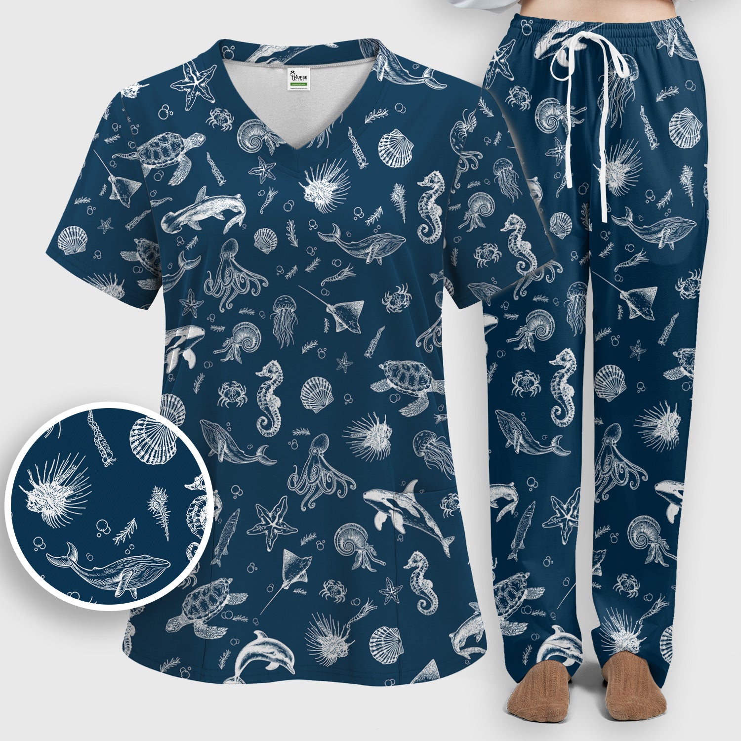 Marine Sea Life Pattern Scrub Set, Women's Scrub Sets