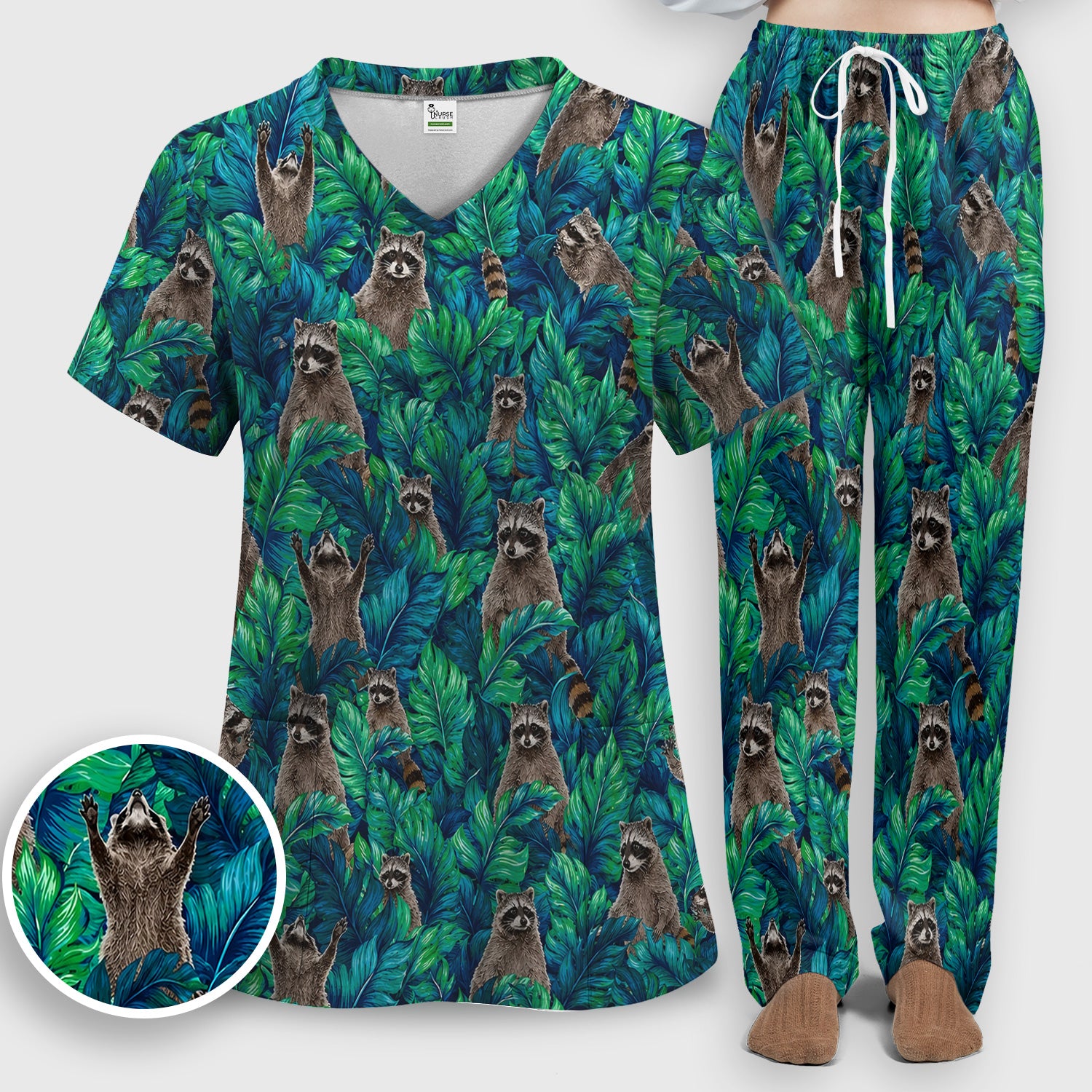 Tropical Raccoon Jungle Leaves Pattern Scrub Set, Scrub Pants and V Neck Top