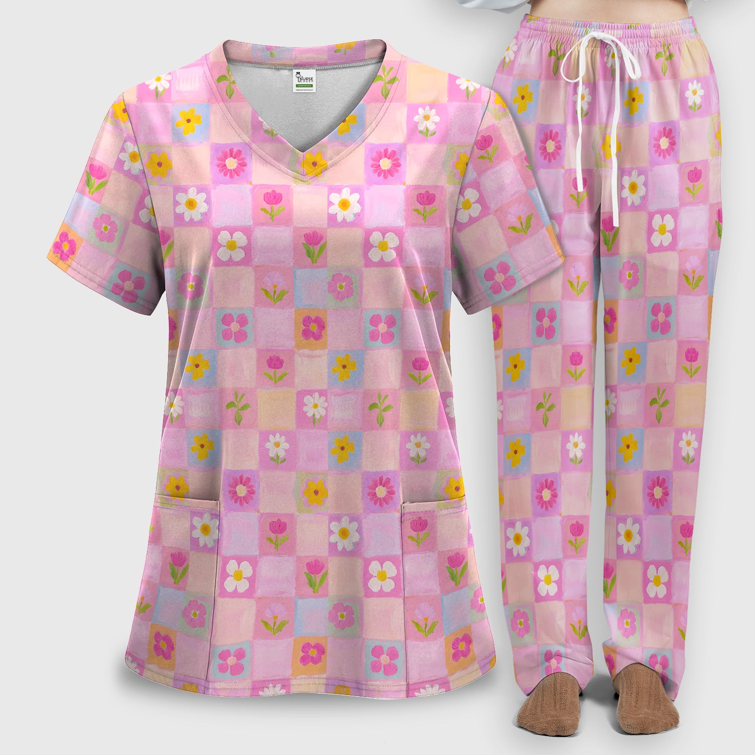 Colorful Mixed Flowers Pattern Scrubs Sets, Breathable Med Uniform