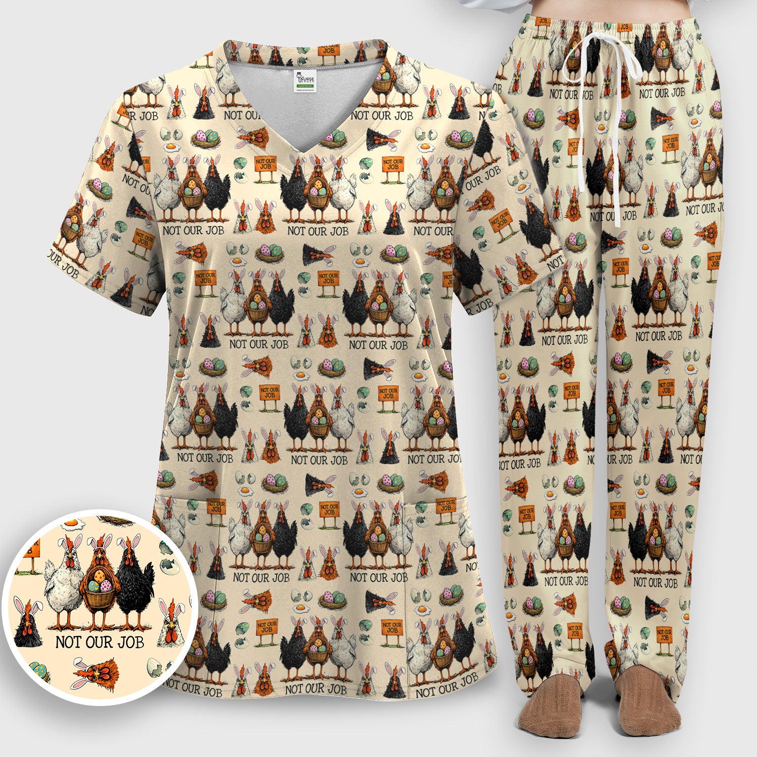 Funny Easter Chicken Humor Pattern Scrub Set, Scrub Pants and V Neck Top