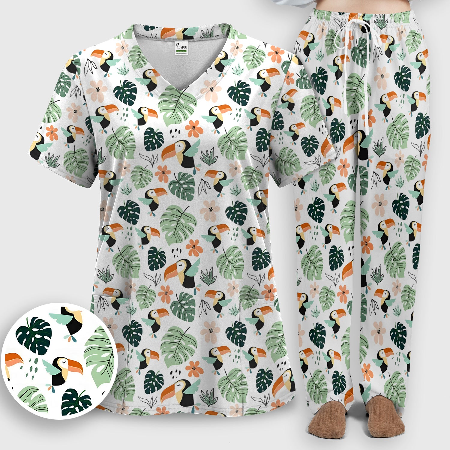 Tropical Toucan Leaf Floral Pattern Scrub Set, Scrub Pants and V Neck Top