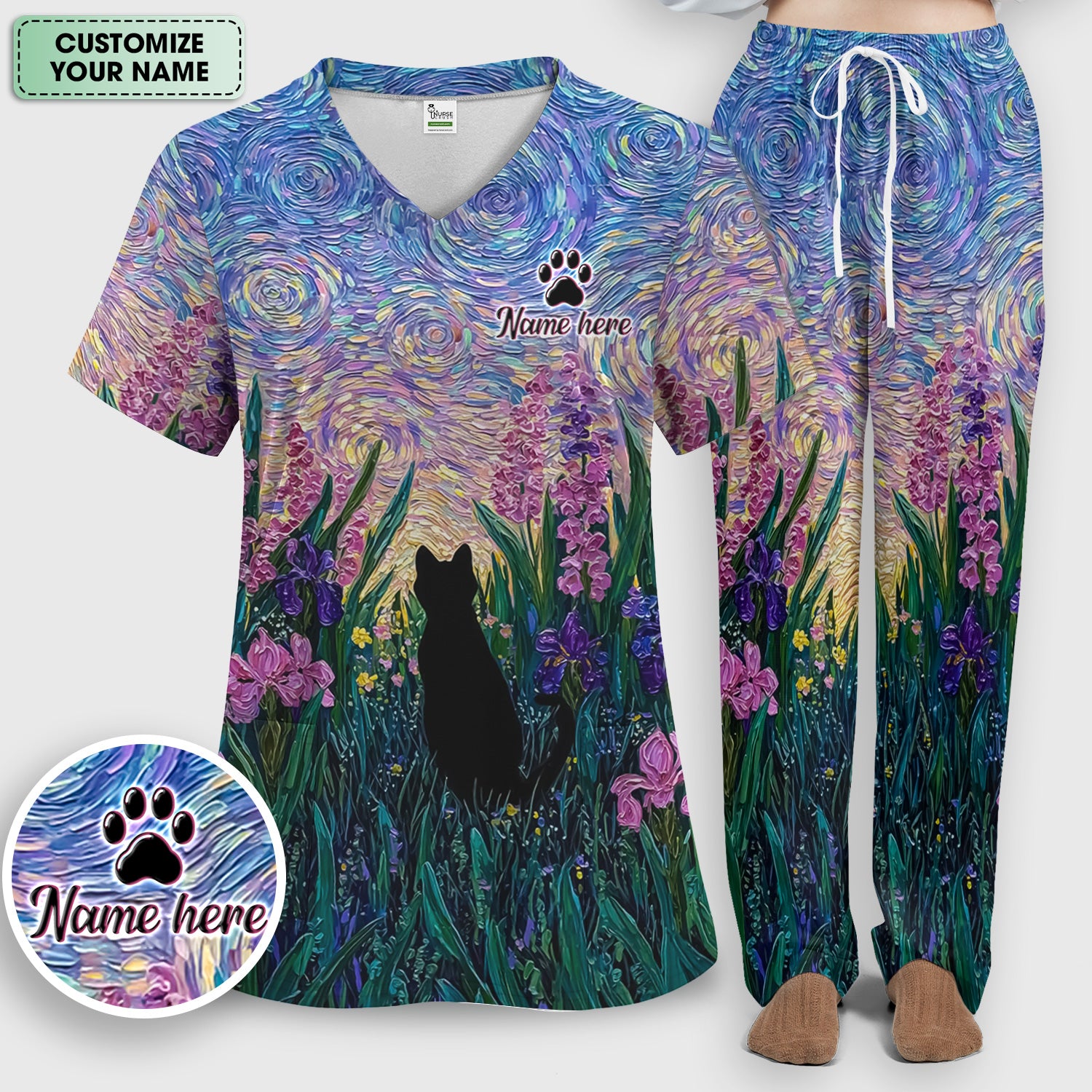 Cat Under Starry Sky Pattern Scrub Set, Scrub Pants and V Neck Top