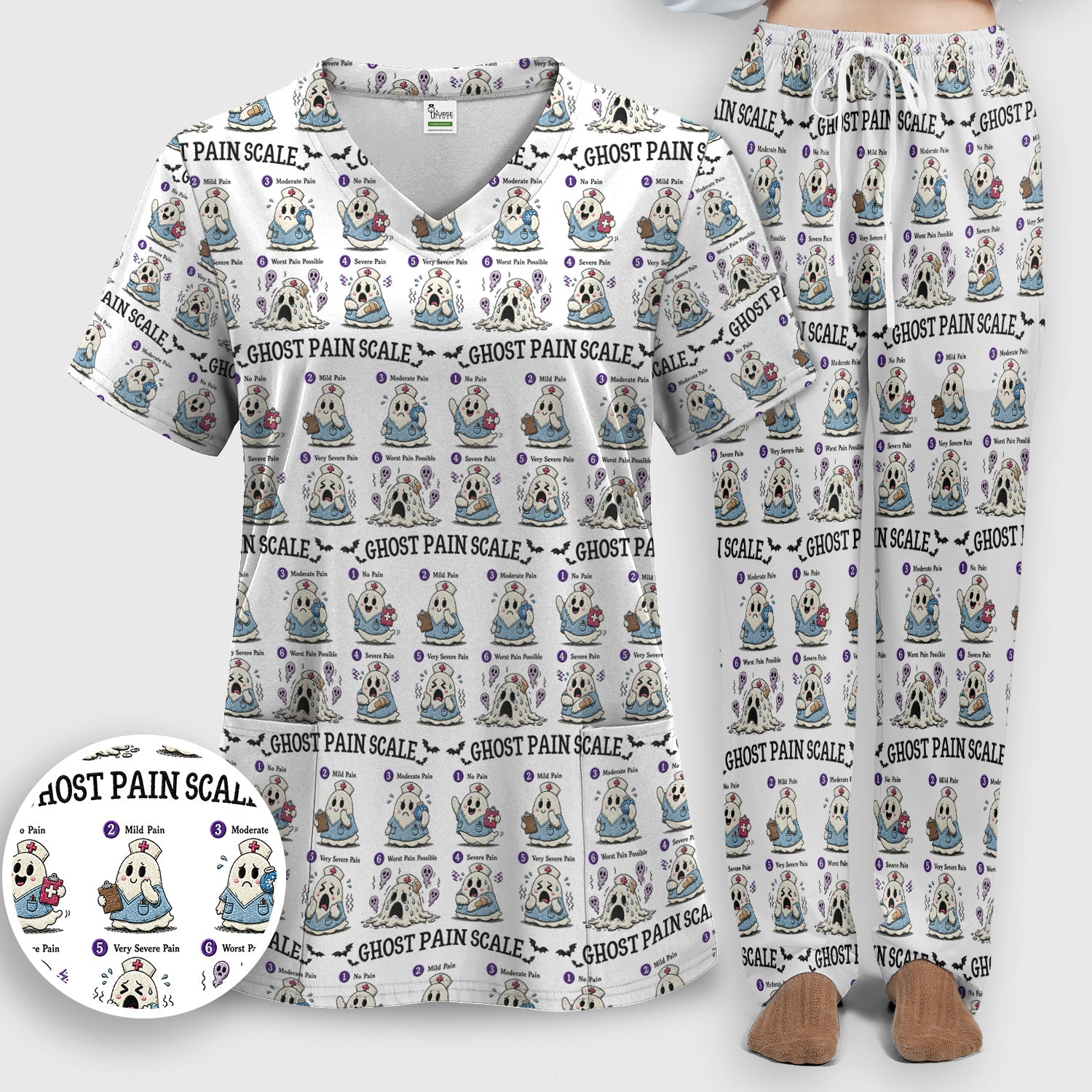 Funny Ghost Pain Scale Pattern Scrub Set, Scrub Pants and V Neck Top