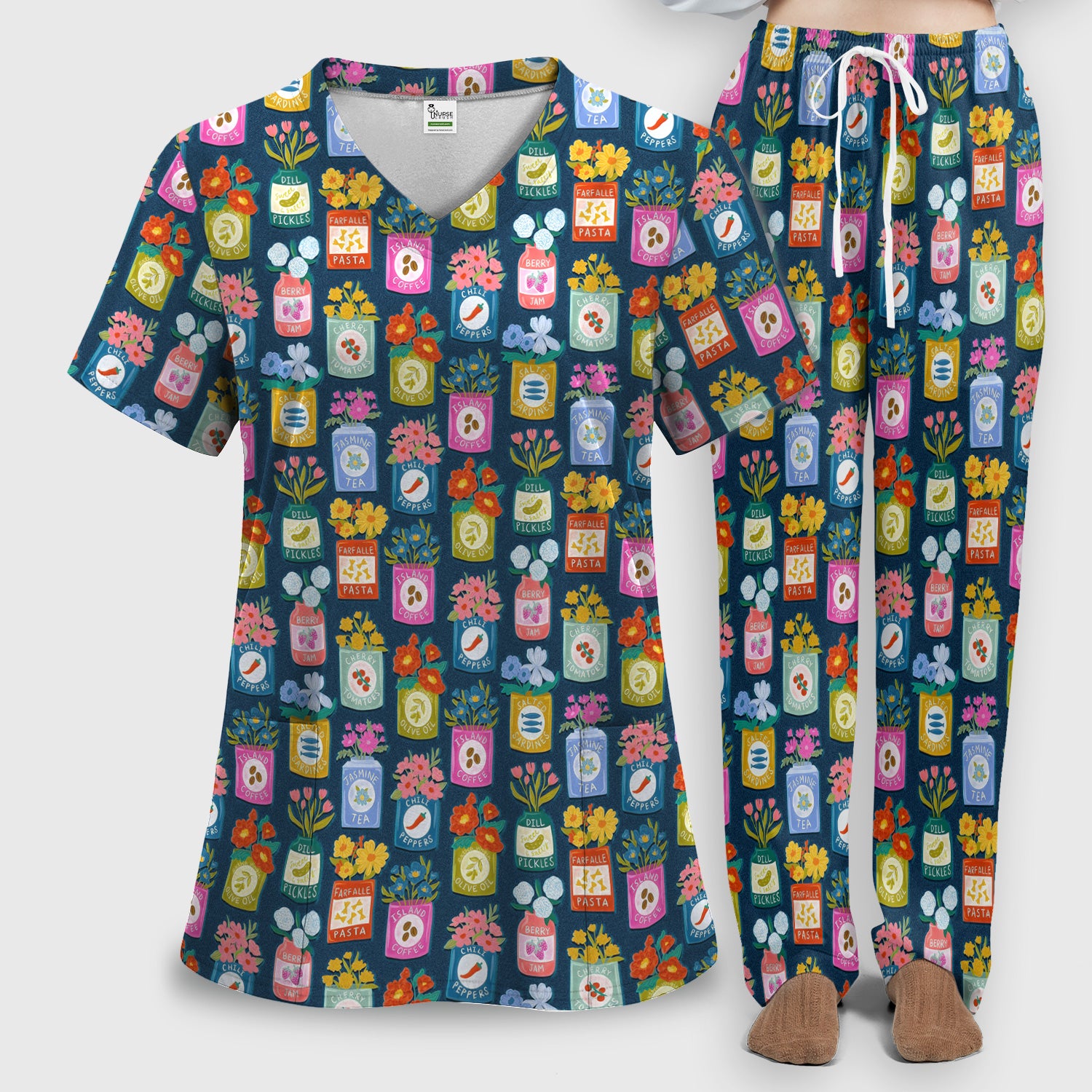 Colorful Pantry Jars Flowers Pattern Scrubs Sets, Scrub Pants and V Neck Top