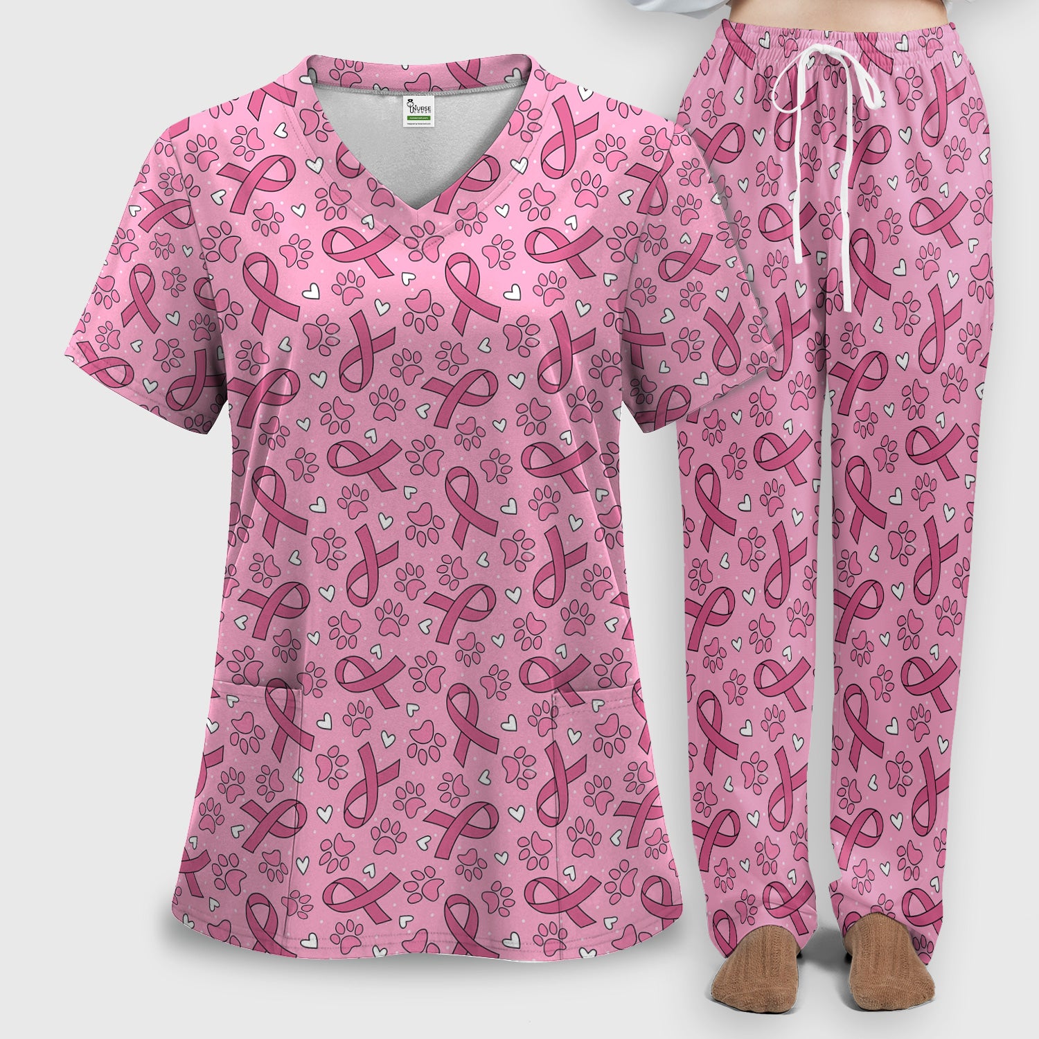 Pink Ribbon Paw Print Scrub Set, Scrub Pants and V Neck Top