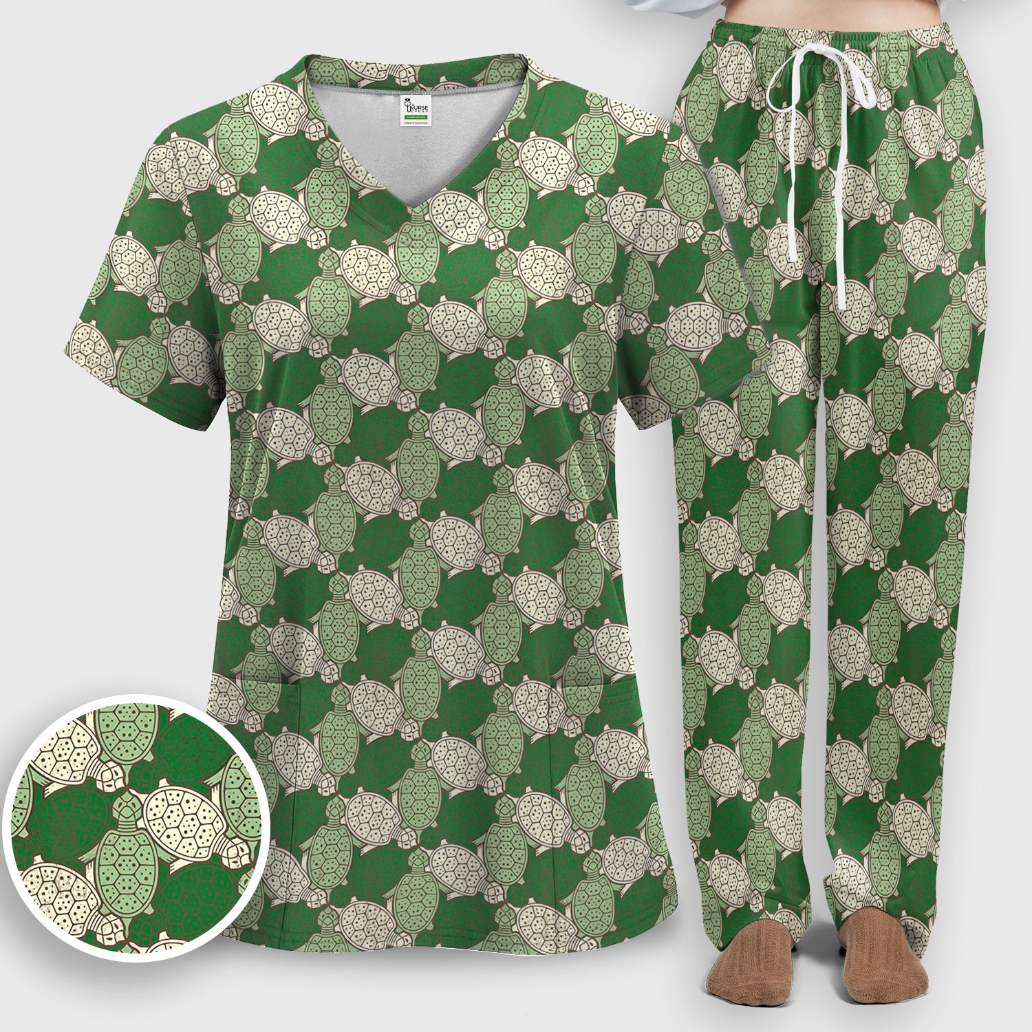 Green Sea Turtle Shell Pattern Scrub Set, Scrub Pants and V Neck Top
