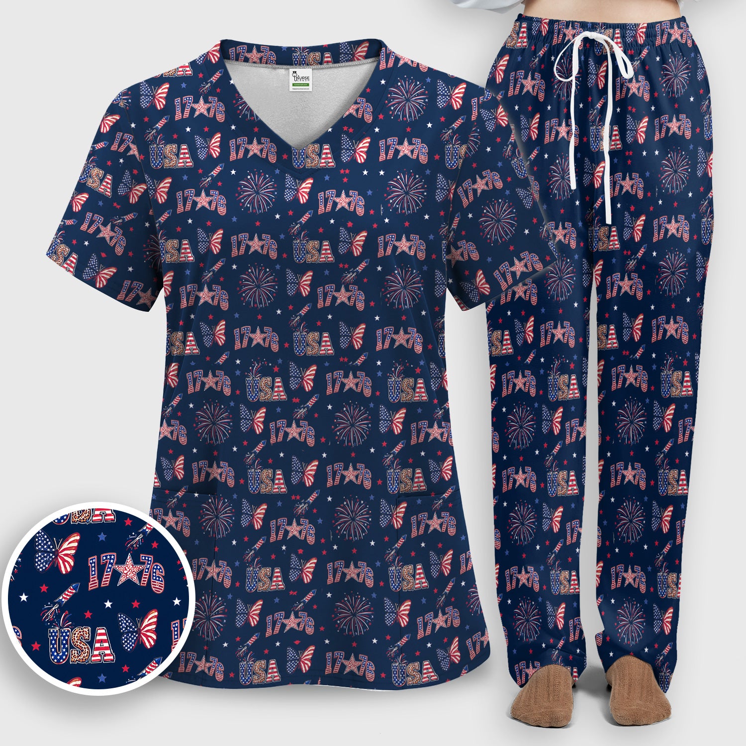 USA Fireworks Butterfly Pattern Scrub Set, Scrub Pants and V Neck Top