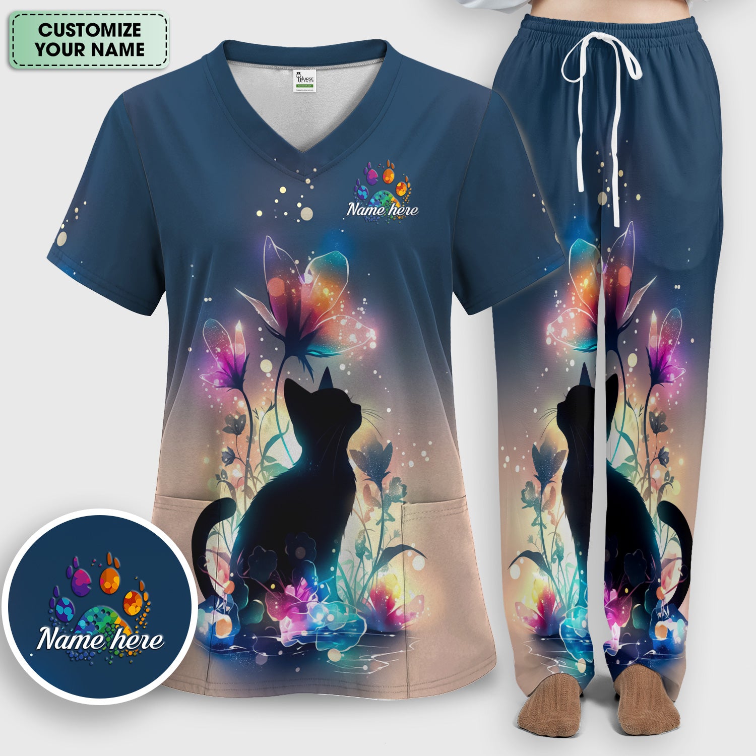 Custom Name Cat Floral Glow Pattern Scrub Set, Women's Scrub Sets