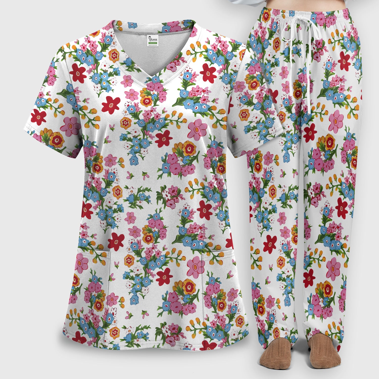 Charming Vintage Floral Bouquet Pattern Scrub Set, Nurse Uniform Scrubs Set