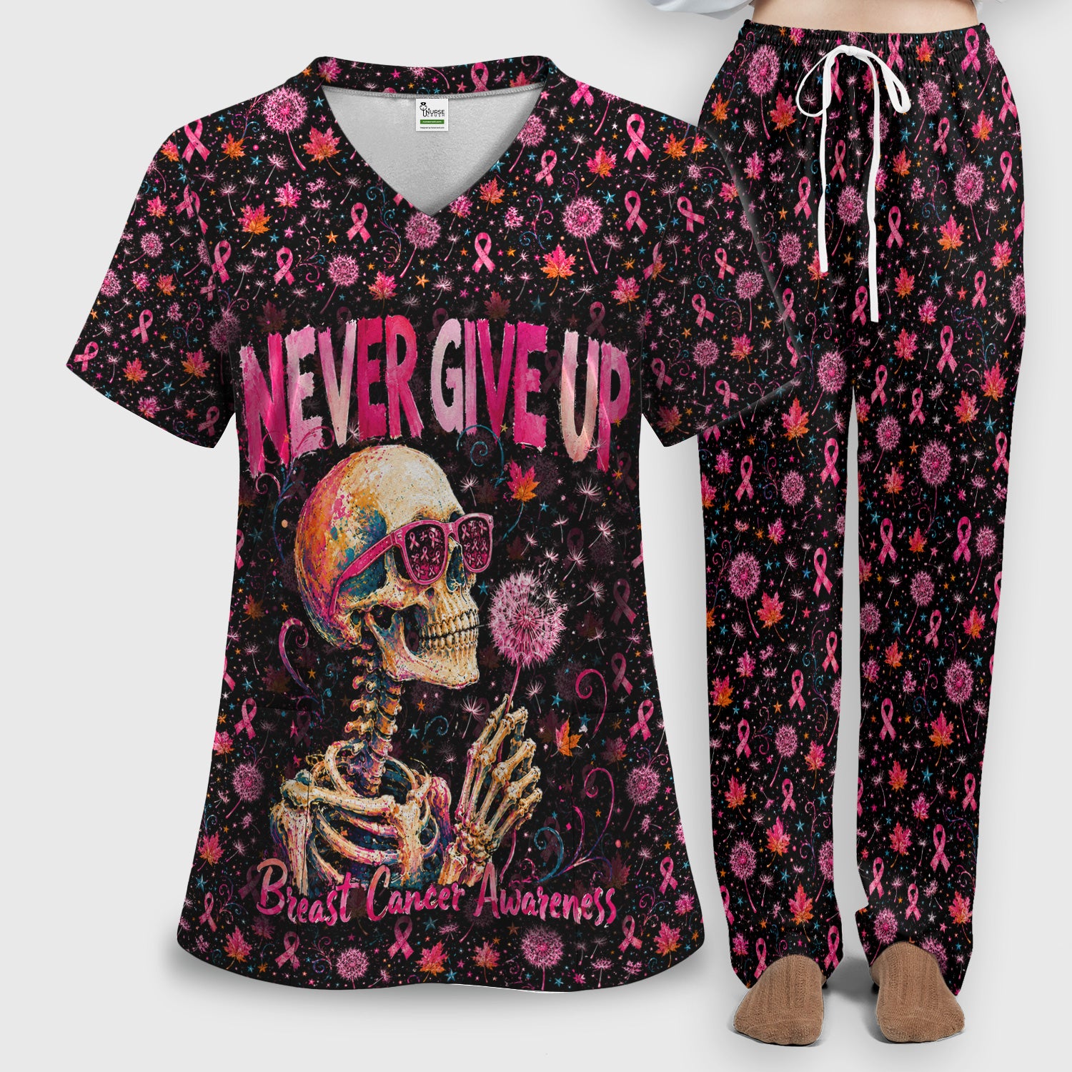 Meaningful Breast Cancer Awareness Skeleton Scrub Set, Scrub Pants and V Neck Top