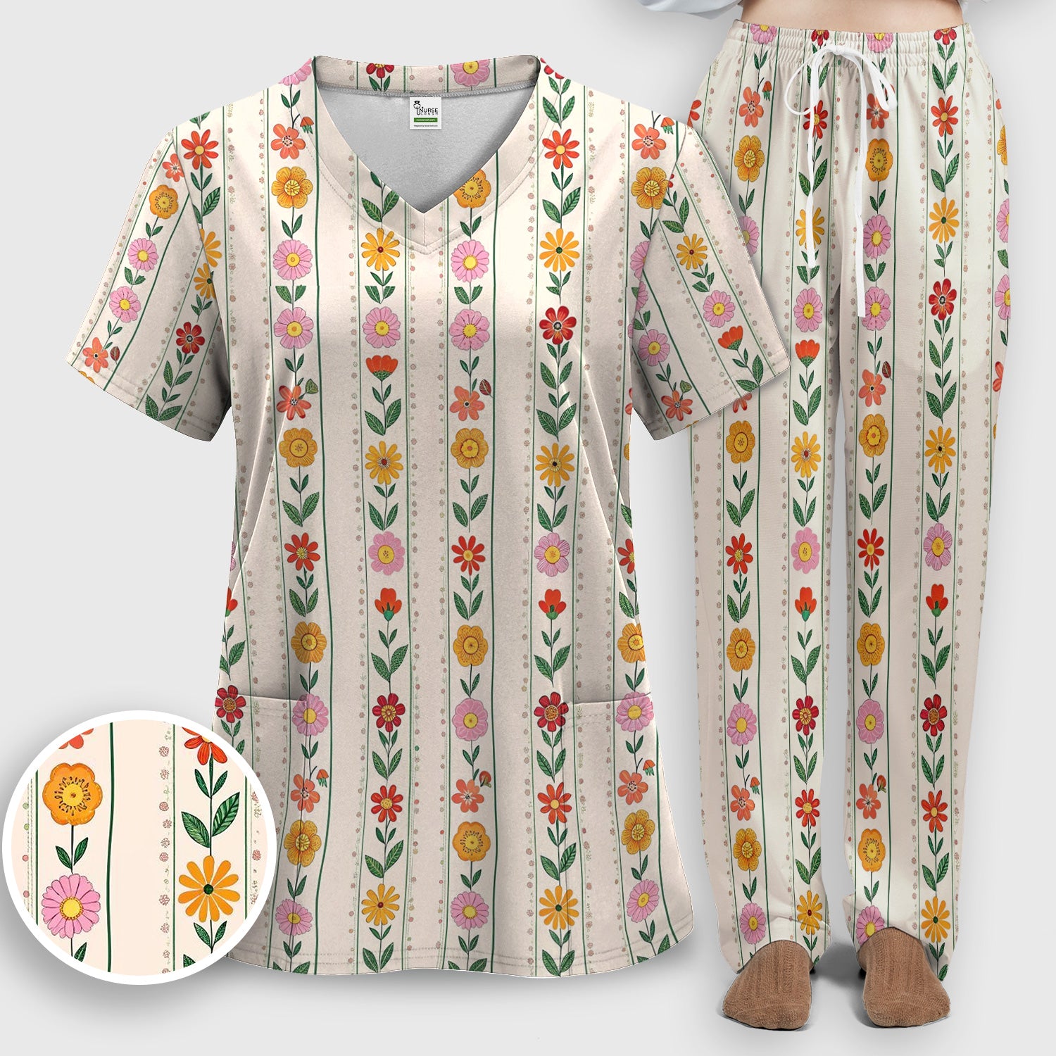 Retro Floral Stripe Print Scrub Set, Scrub Pants and V Neck Top