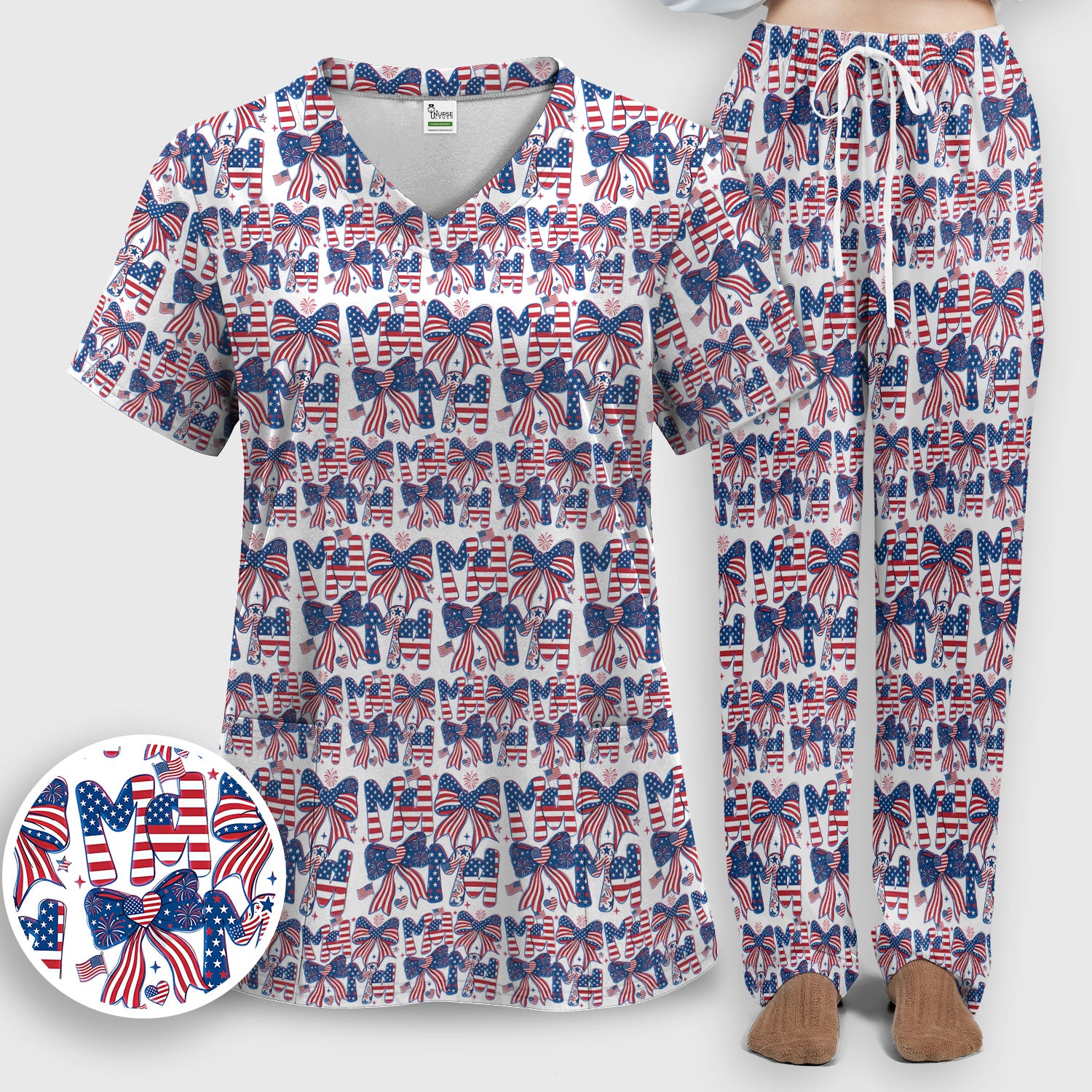 American Flag MaMa Bow Pattern Scrub Set, Breathable Med Uniform