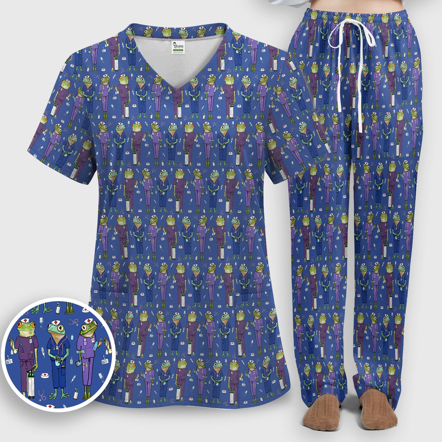 Frog Nurse Pattern V Neck Medical Scrub Set for Healthcare Workers