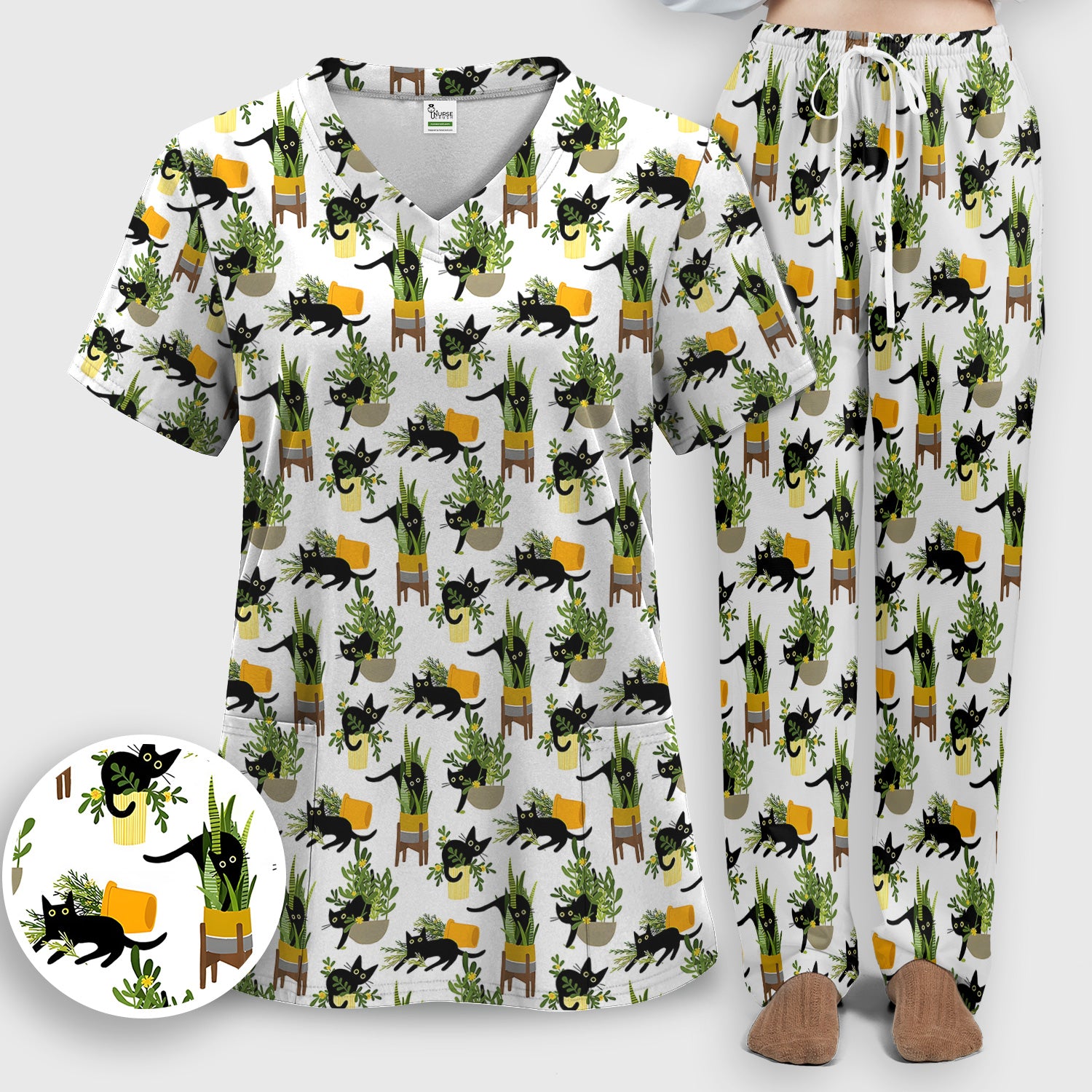 Black Cat Plant Pots Pattern Scrub Set, Scrub Pants and V Neck Top