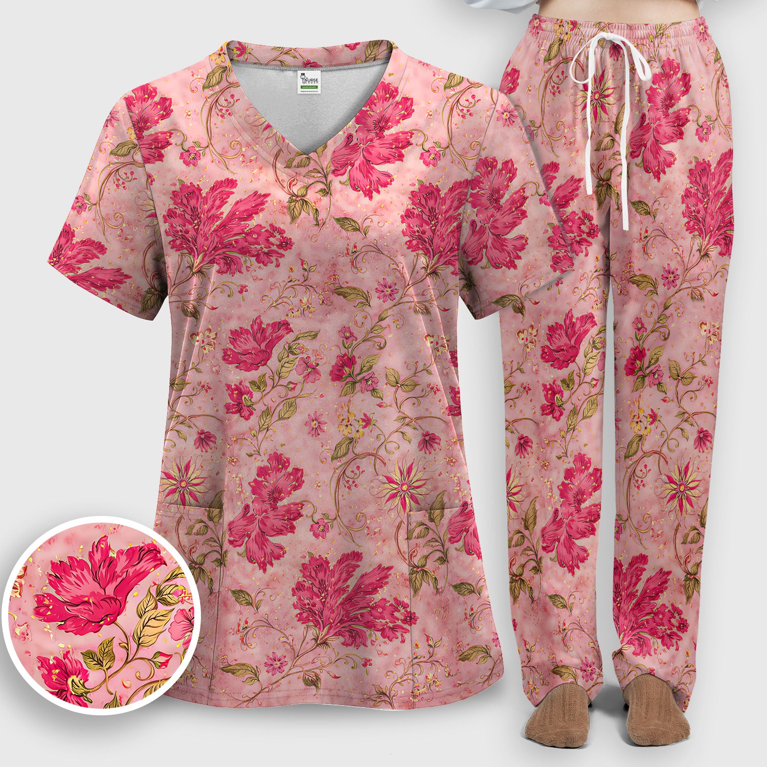 Elegant Pink Floral Vine Pattern Scrub Set, Women's Scrub Sets