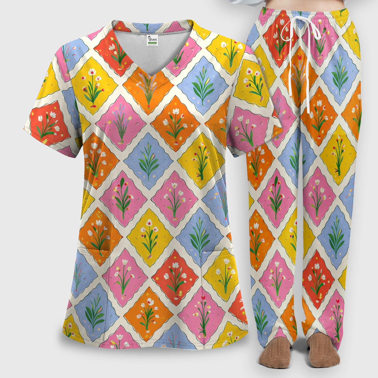 Cute Colorful Floral Tile Pattern Scrub Set, Women's Scrub Sets