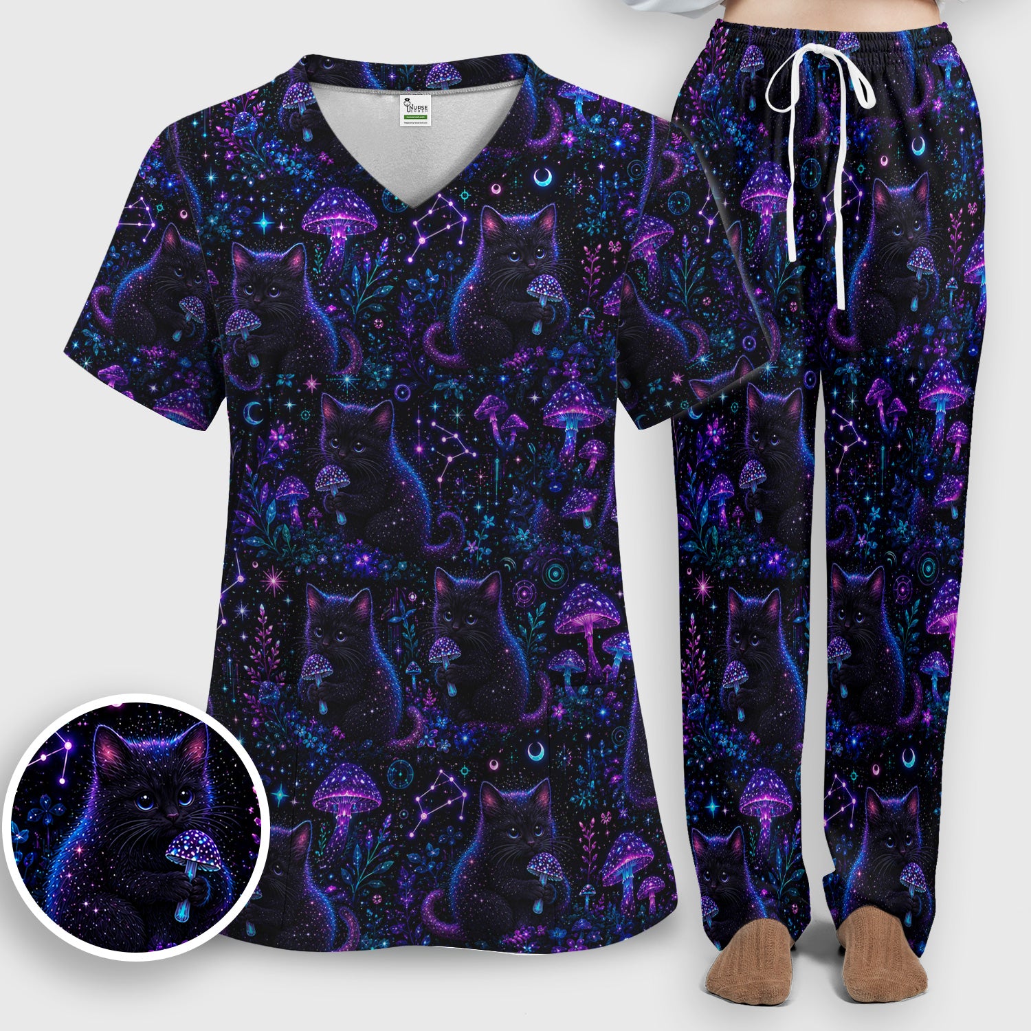 Neon Black Cat Mushroom Galaxy Pattern Scrub Set, Scrub Pants and V Neck Top