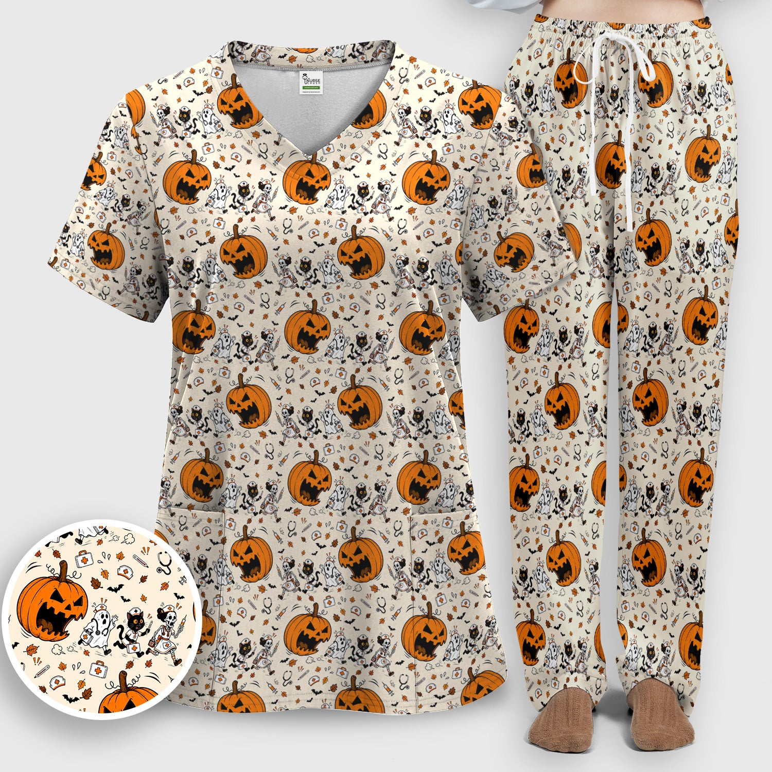 Funny Halloween Pumpkin Chasing Nurses Scrub Set, Scrub Pants and V Neck Top