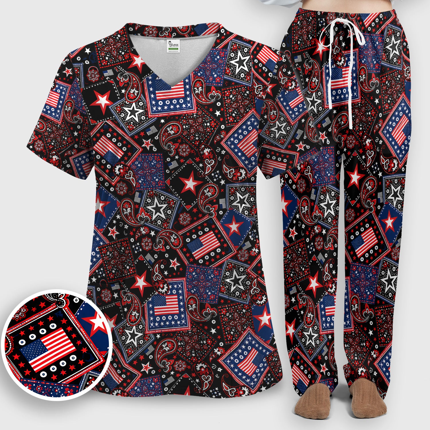Patriotic Bandana With USA Flag Pattern Scrub Set, Scrub Pants and V Neck Top