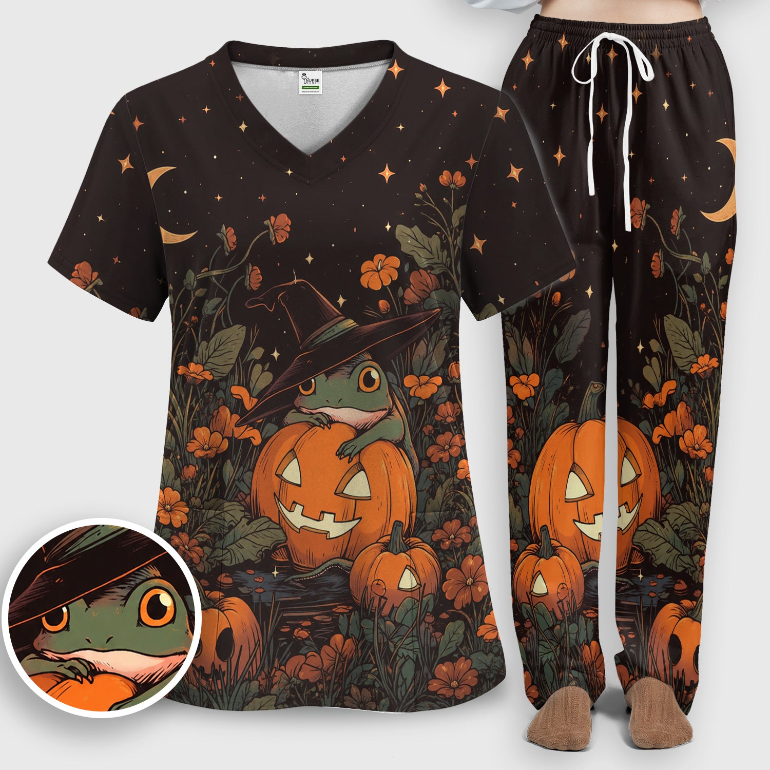 Cute Halloween Frog Nurse for Pediatric Nurses, RN, CNA, Pumpkin Medical Scrub Set, Scrub Pants and V Neck Top